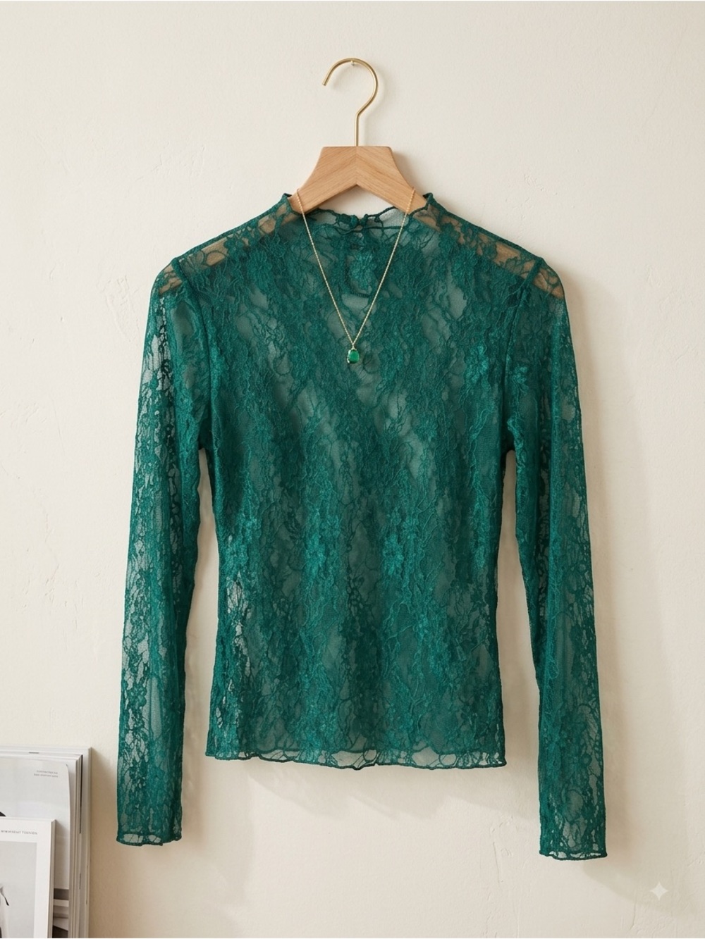 Sheer Emerald Lace Long-Sleeve Blouse